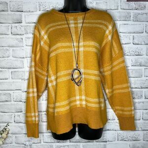 Glamour Plaid Oversized Knit Sweater Top Yellow Size Medium